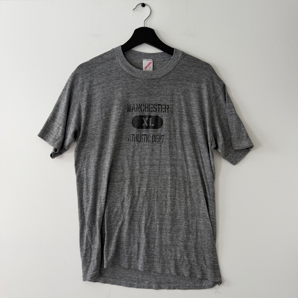 Vintage 80s Jerzees Manchester XL Athletic Dept T-Shirt Gray Made in USA Large